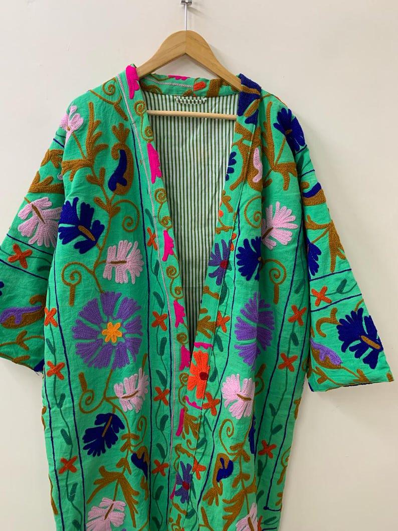 Green Floral Suzani Kimono Jacket | Embroidered Velvet Boho Robe Bohozani