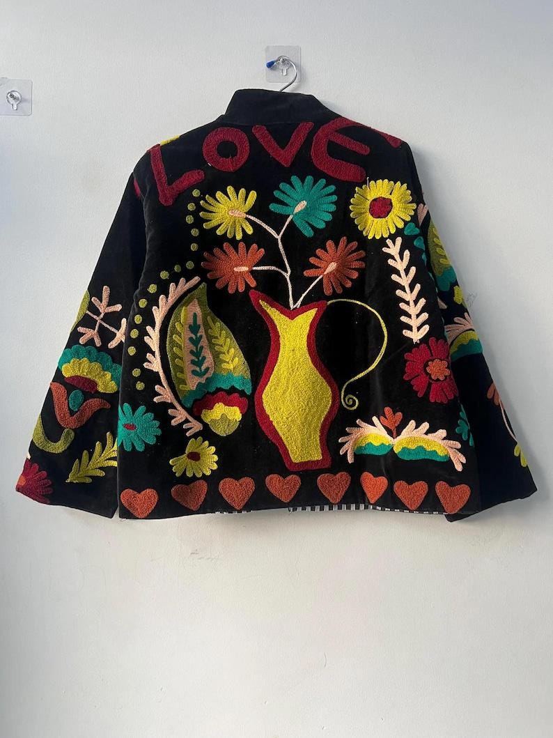 Handmade Velvet Suzani Jacket | Embroidered Boho Coat Bohozani