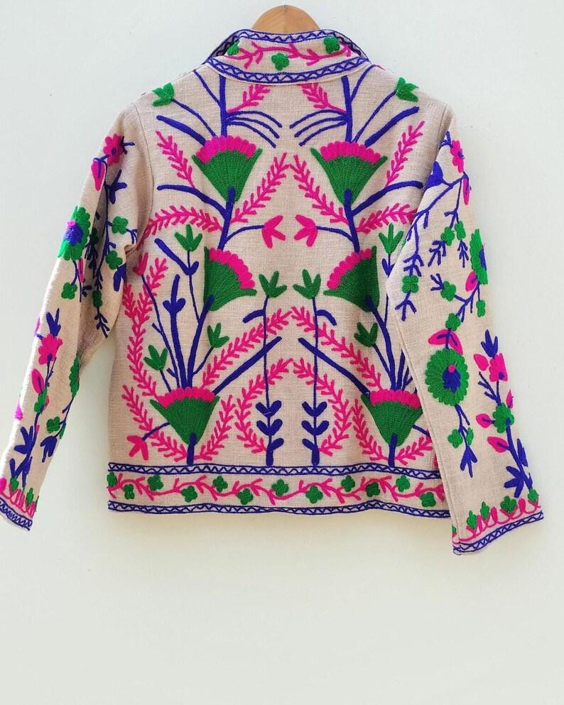 Handmade Cotton Velvet Suzani Embroidered Jacket: Boho Floral Duster Coat Bohozani