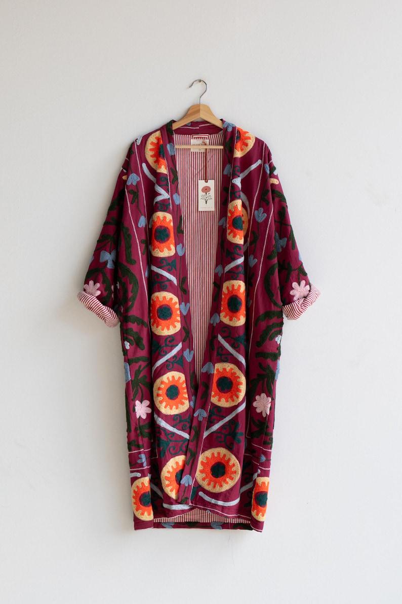 Hand Embroidered Suzani Kaftan – Organic Cotton Boho Kimono Coat Bohozani
