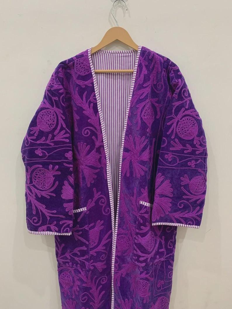 Hand-Embroidered Velvet Suzani Kimono Robe | Boho Floral Uzbek Duster Jacket Bohozani